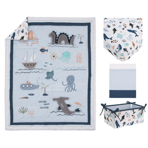 NoJo Explore Dream Discover Light Blue, Navy, Gray and Coral Ocean 4 Piece Nursery Crib Bedding Set - Comforter, 100% Cotton Fitted Crib Sheet, Crib Skirt and Nursery Organizer