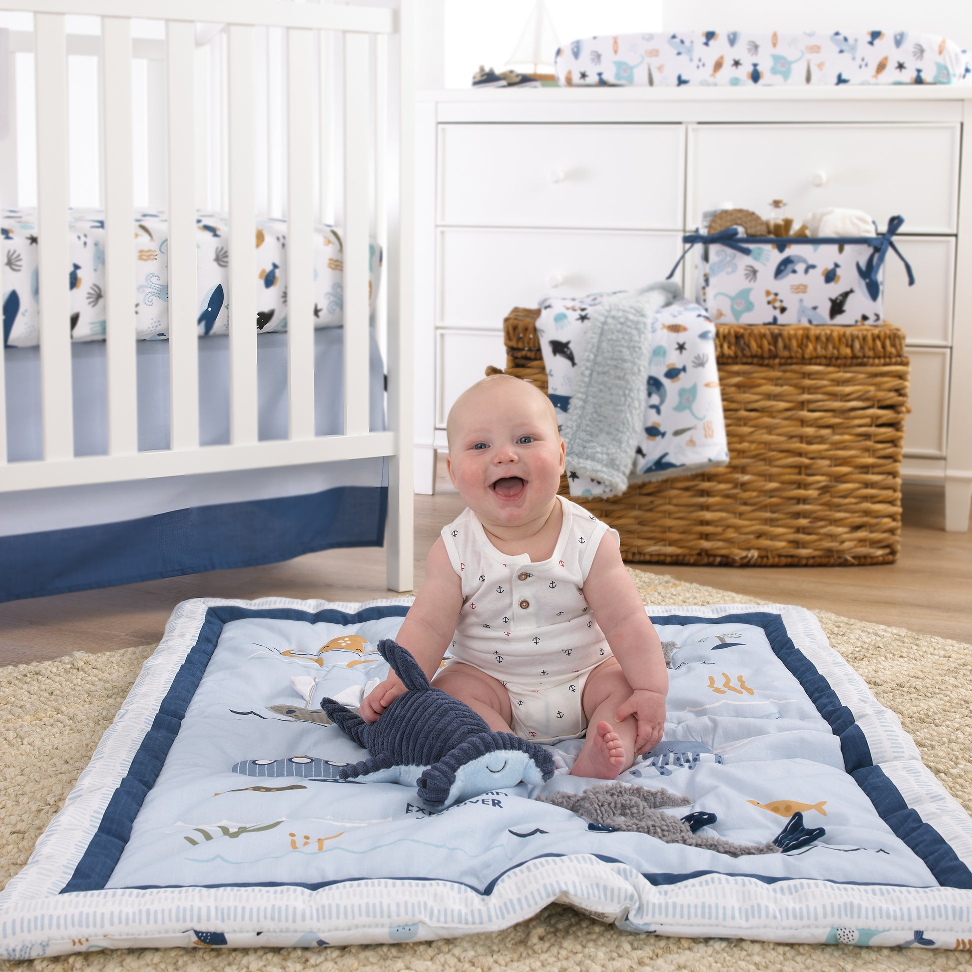NoJo Explore Dream Discover Light Blue, Navy, Gray and Coral Ocean 4 Piece Nursery Crib Bedding Set - Comforter, 100% Cotton Fitted Crib Sheet, Crib Skirt and Nursery Organizer