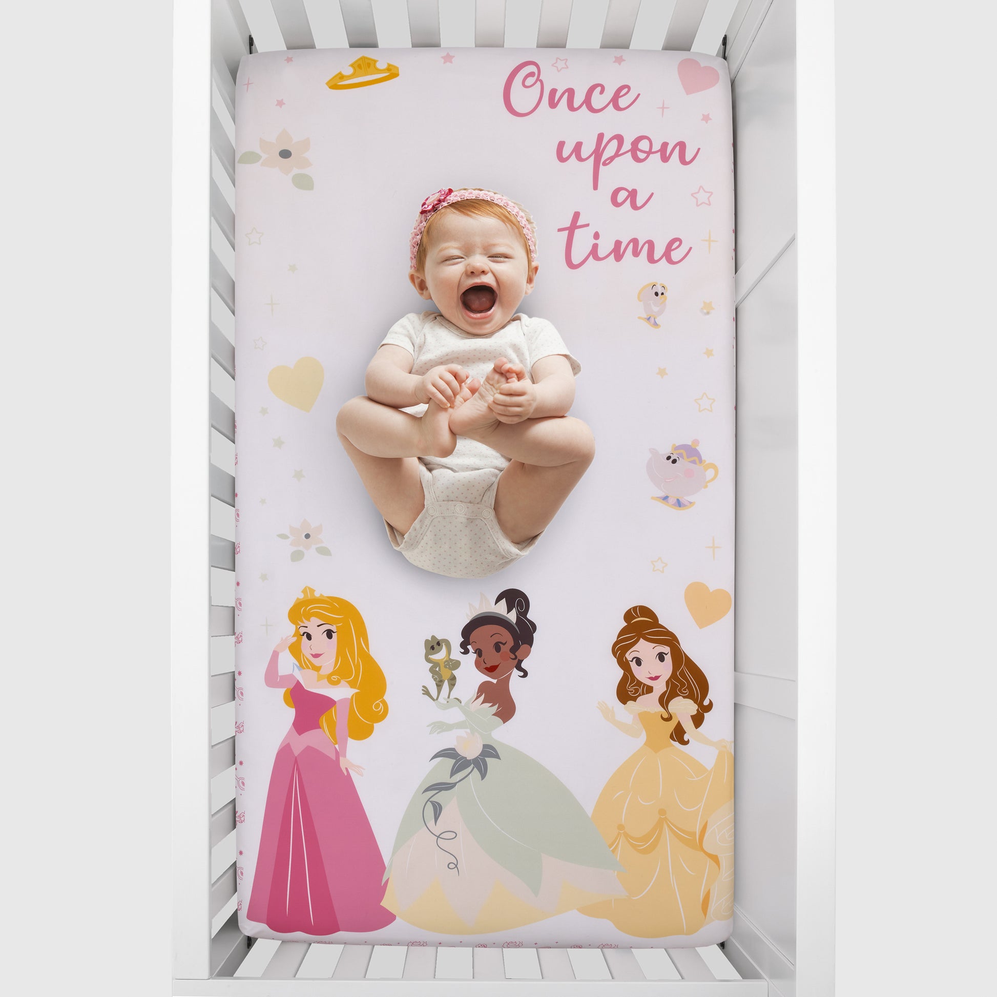 Disney Princess Make A Wish Pink, White and Yellow "Once Upon a Time" Nursery Photo Op Fitted Crib Sheet