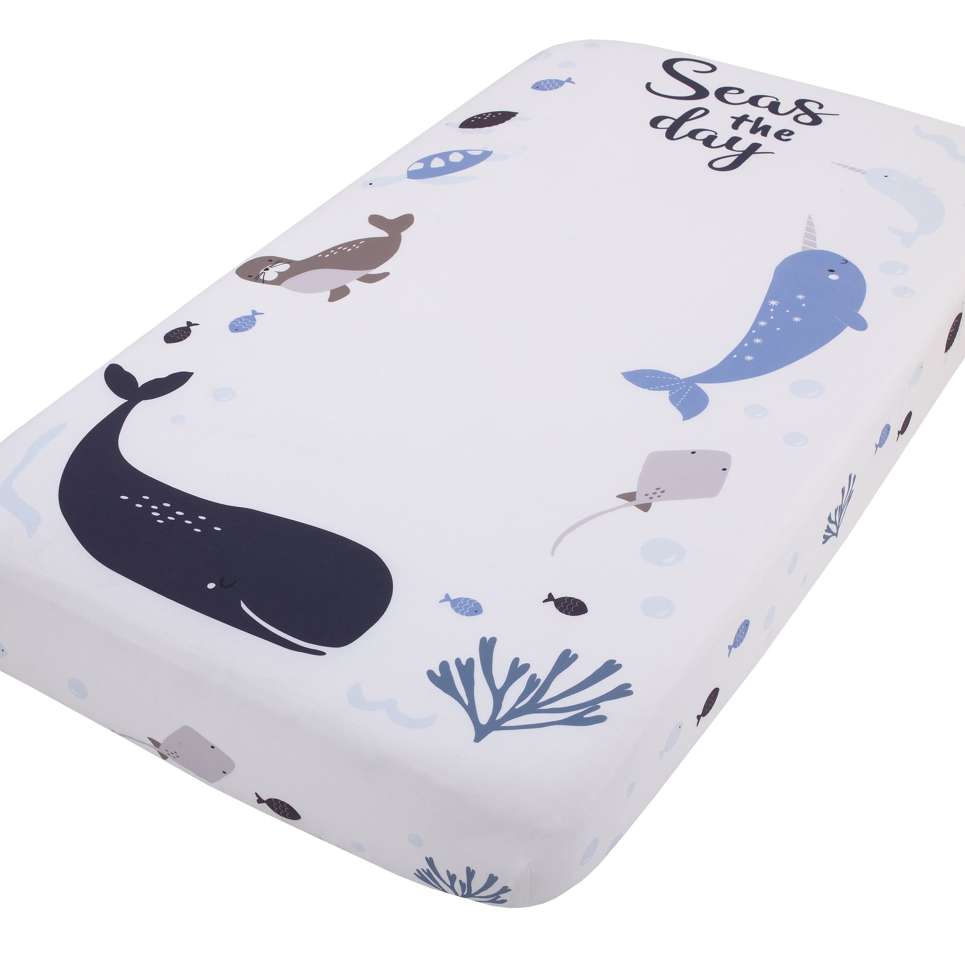 NoJo Seas The Day Multi Sea Animals Blue and White 100% Cotton Photo Op Fitted Crib Sheet