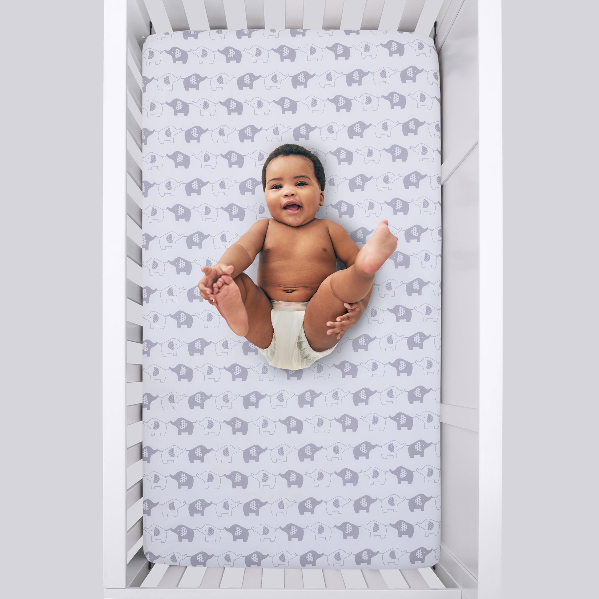 Little Love by NoJo Elephant Stroll White and Gray Fitted Crib Sheet