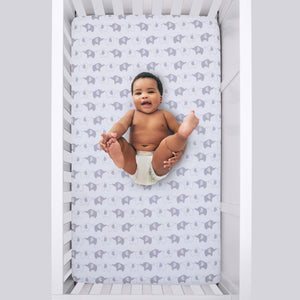 Little Love by NoJo Elephant Stroll White and Gray Fitted Crib Sheet