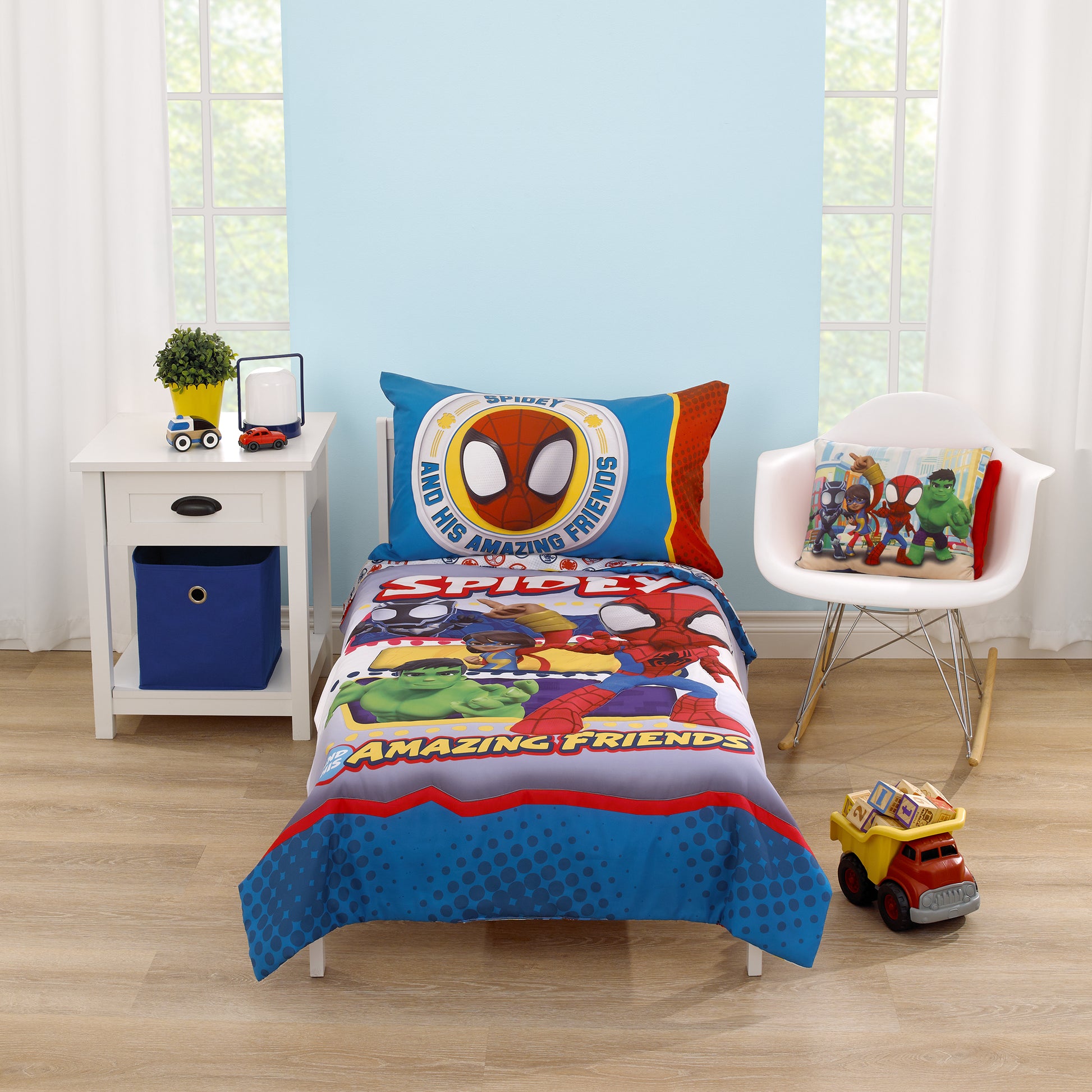 Marvel Spidey and His Amazing Friends Blue, Red, Yellow, and Green, Team Up 4 Piece Toddler Bed Set - Comforter, Fitted Bottom Sheet, Flat Top Sheet, and Reversible Pillowcase