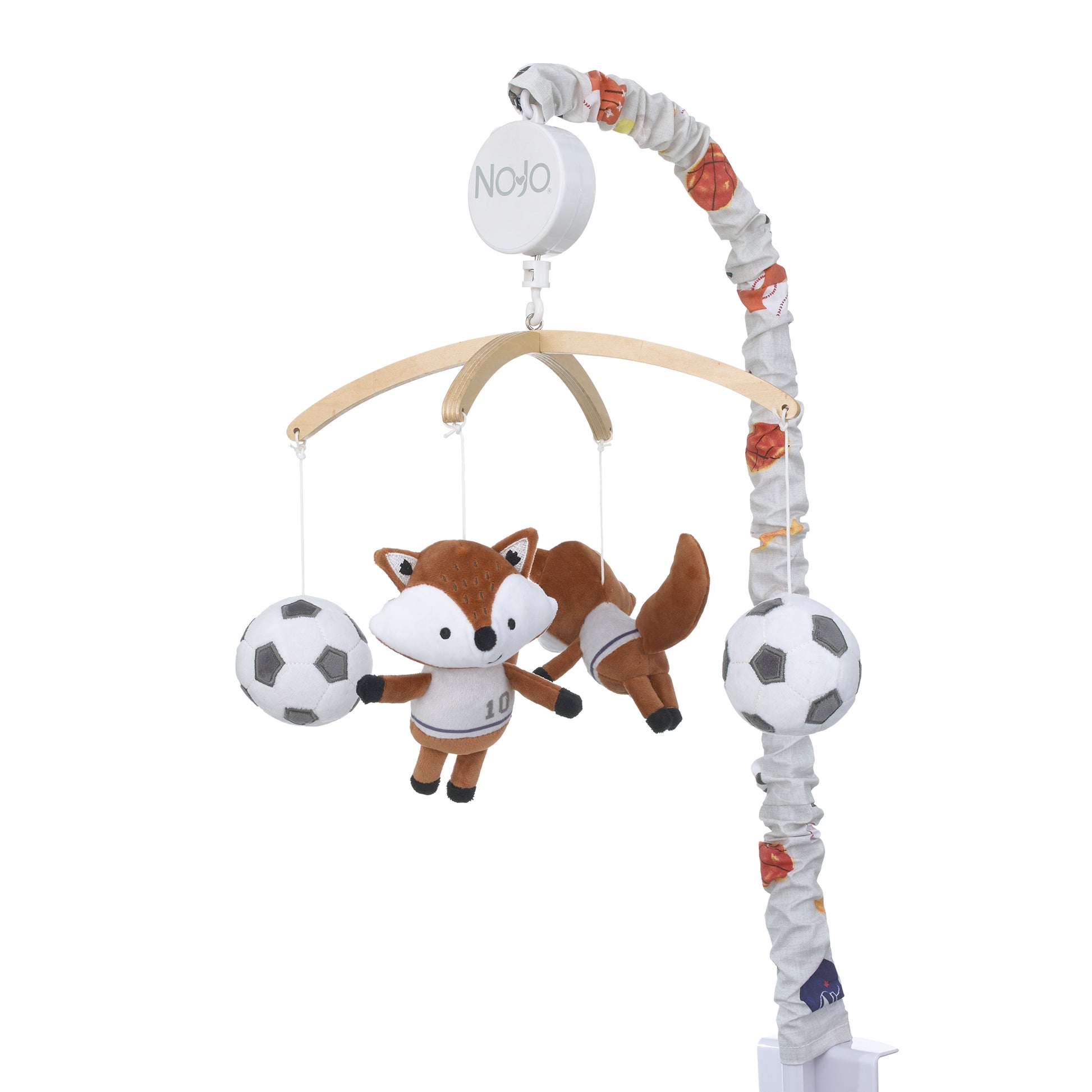 NoJo Team All Star Brown, White, Black and Grey, Fox with Soccer Balls Plush Musical Mobile