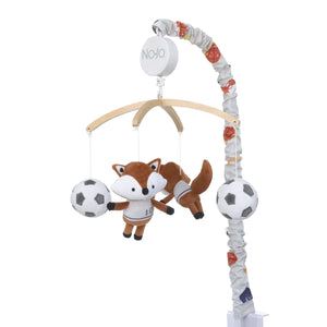 NoJo Team All Star Brown, White, Black and Grey, Fox with Soccer Balls Plush Musical Mobile