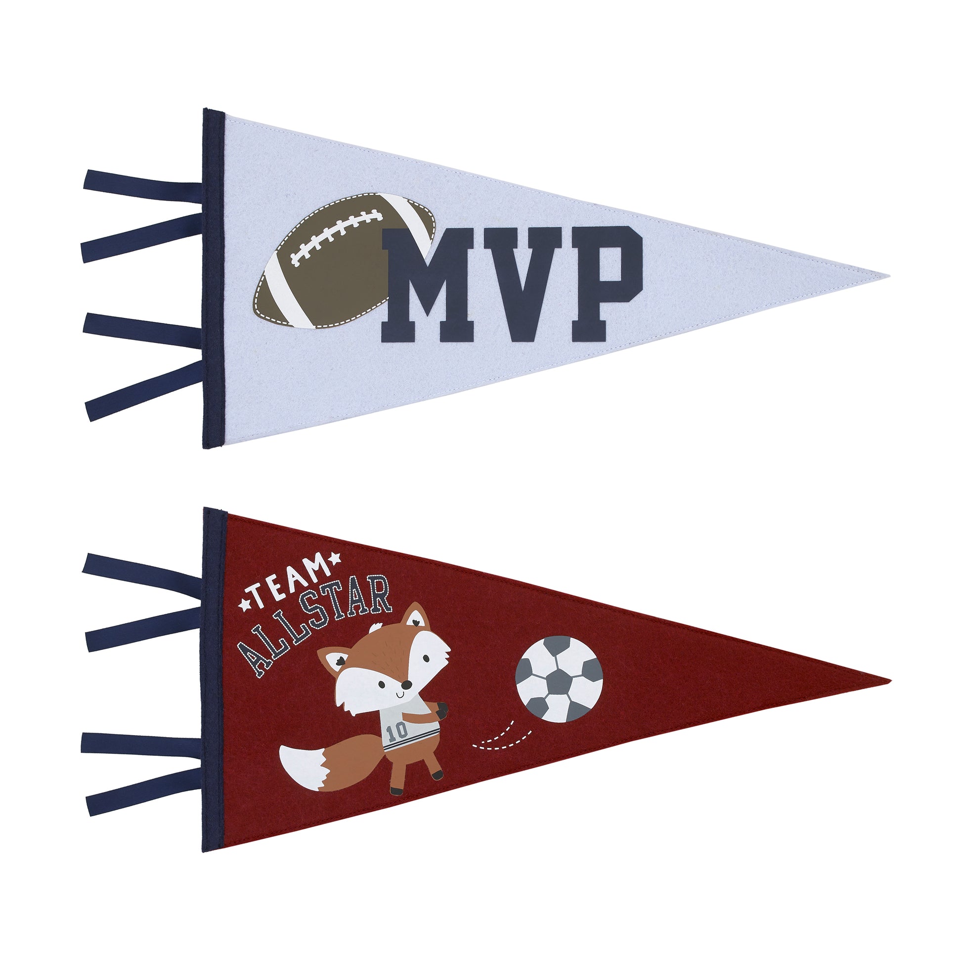 NoJo Team All Star Grey, Burgundy, Light Blue and Navy Fox and Football MVP Sporty 2 Pack Felt Pennants Wall Decor