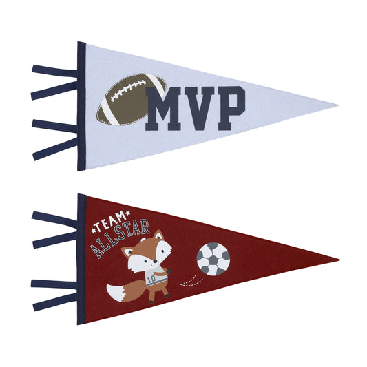 NoJo Team All Star Grey, Burgundy, Light Blue and Navy Fox and Football MVP Sporty 2 Pack Felt Pennants Wall Decor