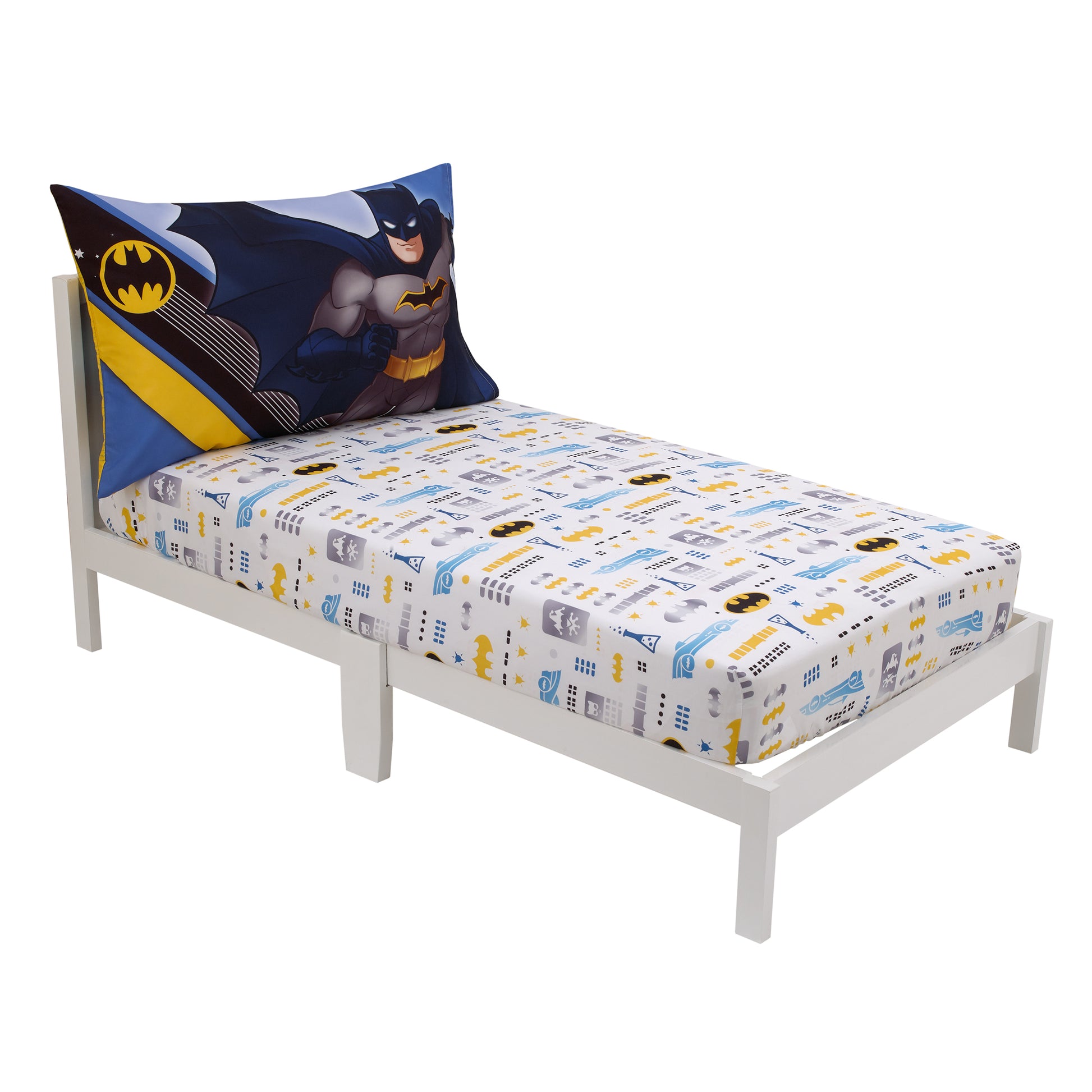 Warner Bros  Batman The Caped Crusader Blue, Gray, and Yellow Bat-Signal and Batmobile 2 Piece Toddler Sheet Set - Fitted Bottom Sheet and Reversible Pillowcase