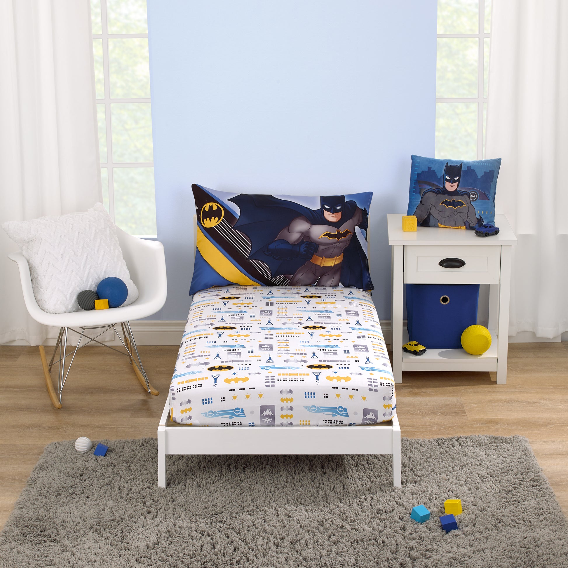 Warner Bros  Batman The Caped Crusader Blue, Gray, and Yellow Bat-Signal and Batmobile 2 Piece Toddler Sheet Set - Fitted Bottom Sheet and Reversible Pillowcase