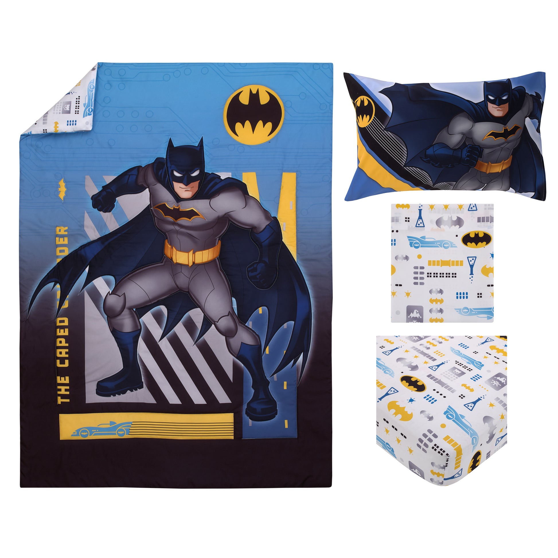 Warner Bros  Batman The Caped Crusader Navy, Gray, and Yellow Bat-Signal 4 Piece Toddler Bed Set - Comforter, Fitted Bottom Sheet, Flat Top Sheet and Reversible Pillowcase