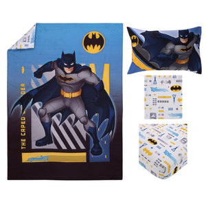 Warner Bros  Batman The Caped Crusader Navy, Gray, and Yellow Bat-Signal 4 Piece Toddler Bed Set - Comforter, Fitted Bottom Sheet, Flat Top Sheet and Reversible Pillowcase