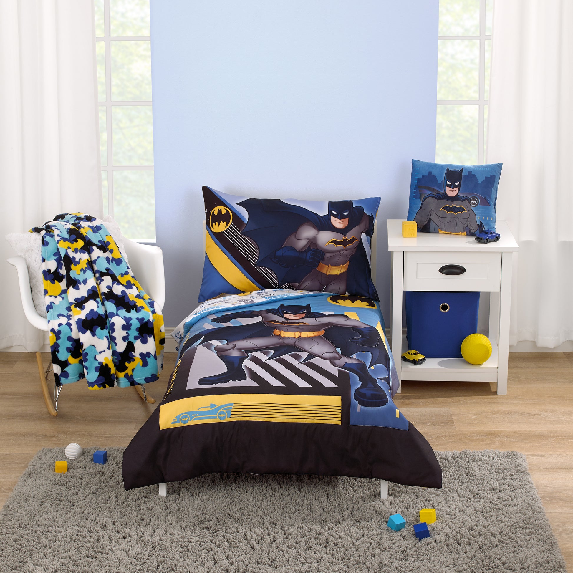 Warner Bros  Batman The Caped Crusader Navy, Gray, and Yellow Bat-Signal 4 Piece Toddler Bed Set - Comforter, Fitted Bottom Sheet, Flat Top Sheet and Reversible Pillowcase