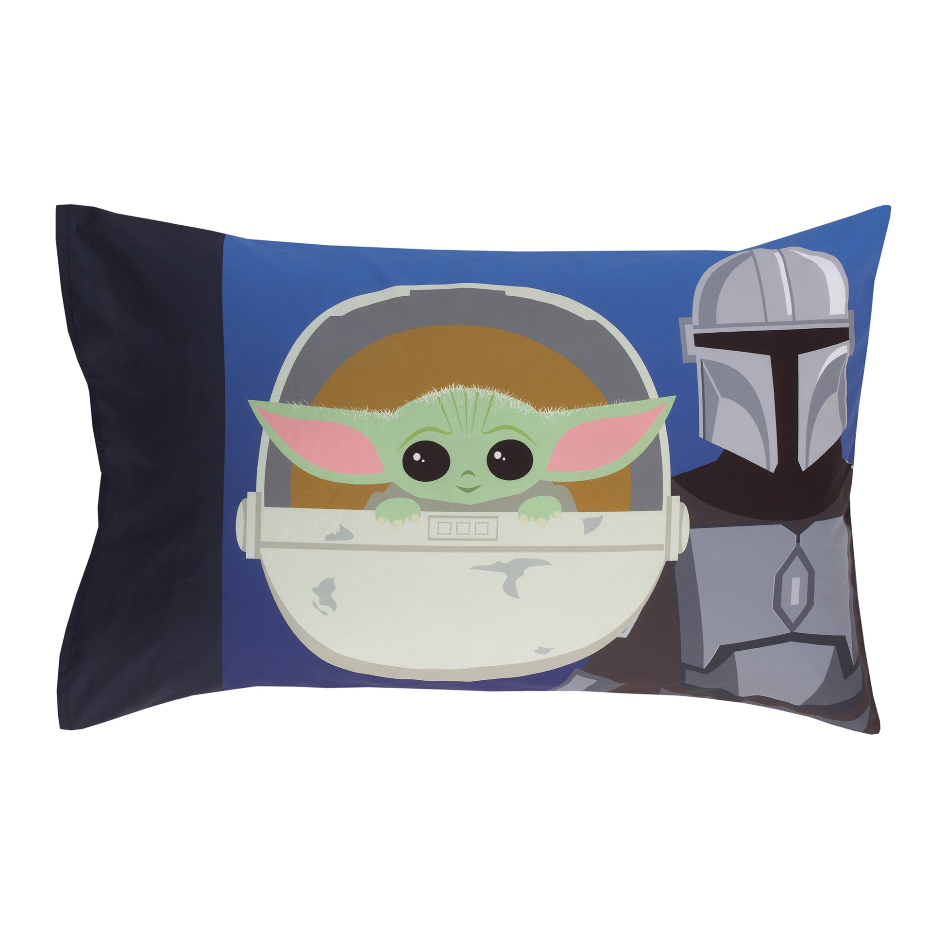 Star Wars The Mandalorian and The Child Grogu Blue, and Yellow, and Orange Din Djarin Twin Suns 4 Piece Toddler Bed Set - Comforter, Fitted Bottom Sheet, Flat Top Sheet, and Reversible Pillowcase