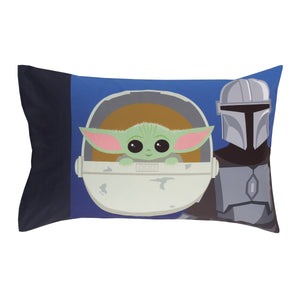Star Wars The Mandalorian and The Child Grogu Blue, and Yellow, and Orange Din Djarin Twin Suns 4 Piece Toddler Bed Set - Comforter, Fitted Bottom Sheet, Flat Top Sheet, and Reversible Pillowcase