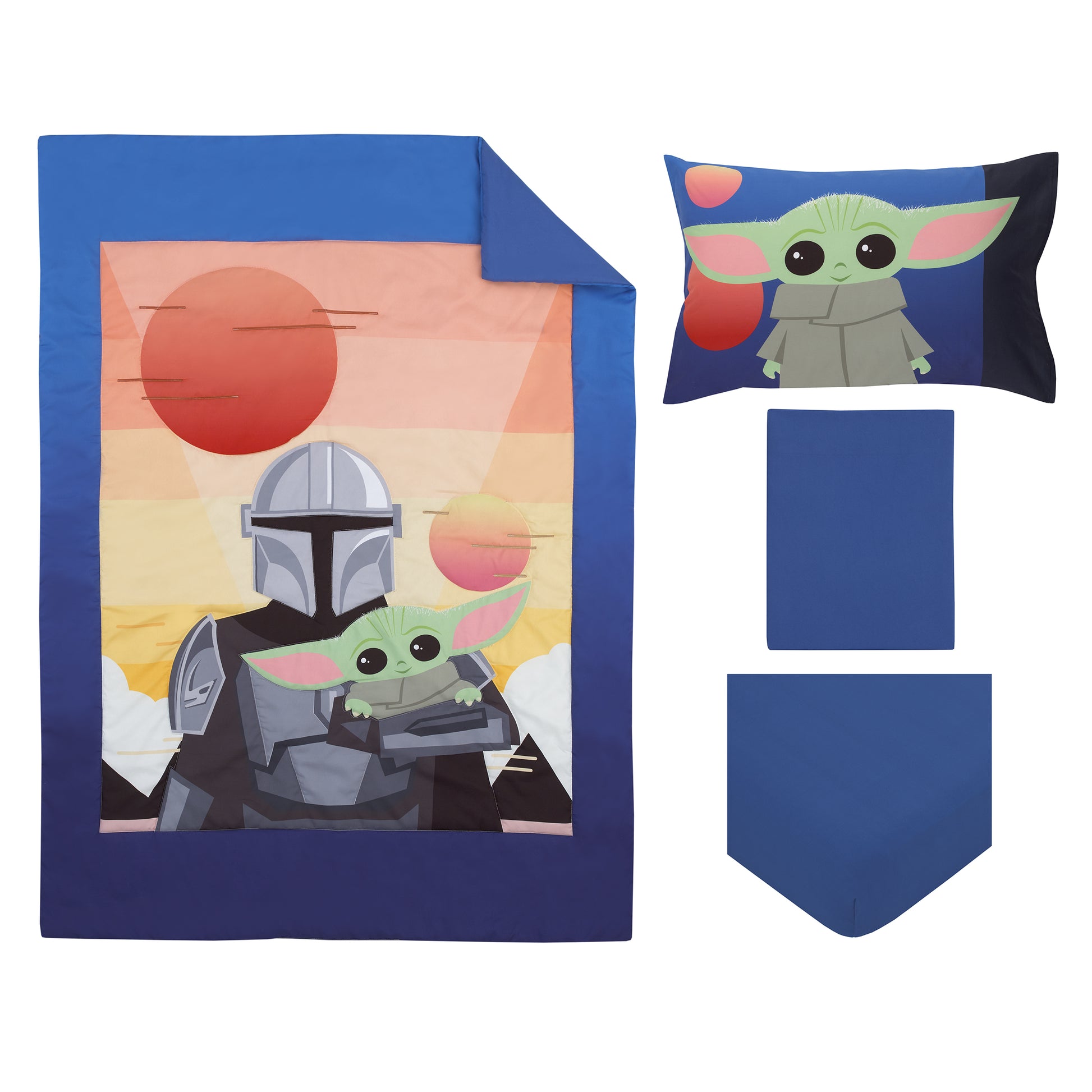 Star Wars The Mandalorian and The Child Grogu Blue, and Yellow, and Orange Din Djarin Twin Suns 4 Piece Toddler Bed Set - Comforter, Fitted Bottom Sheet, Flat Top Sheet, and Reversible Pillowcase