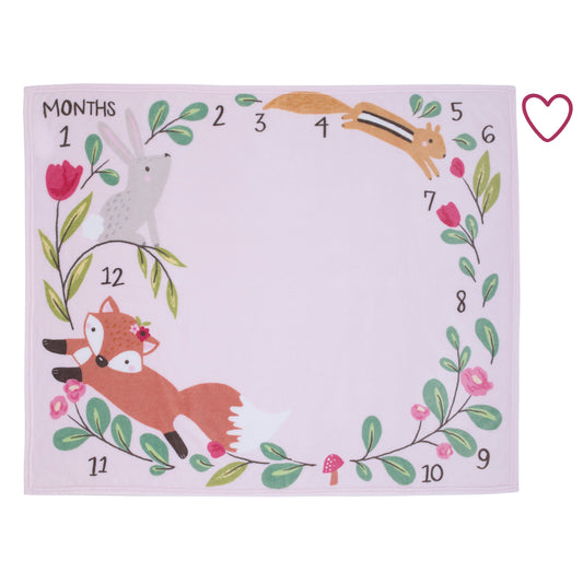 Little Love by NoJo Woodland Animals Pink and Green Bunny, Fox and Squirrel Super Soft Photo Op Milestone Baby Blanket