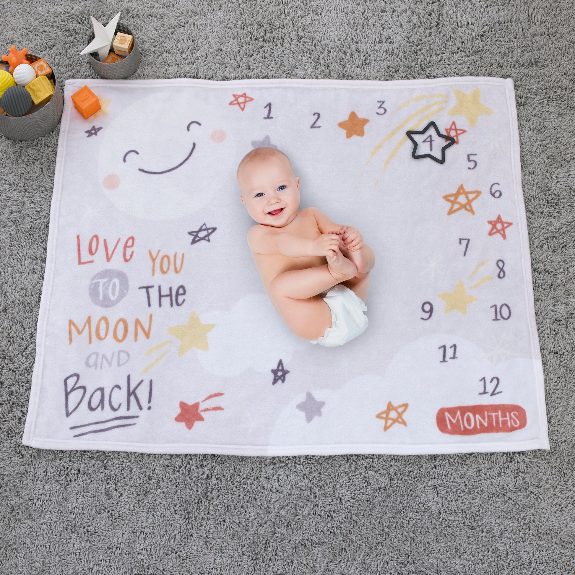 Little Love by NoJo Celestial Grey, Gold and Orange Love You to the Moon & Back Super Soft Photo Op Milestone Baby Blanket