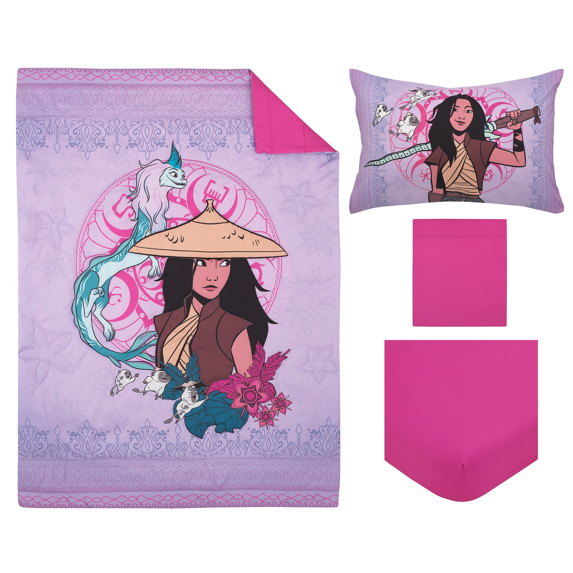 Disney Raya and the Last Dragon Mythic Pop Lavender, Magenta, and Blue with Sisu Dragon and Tuktuk 4 Piece Toddler Bed Set - Comforter, Fitted Bottom Sheet, Flat Top Sheet, and Reversible Pillowcase