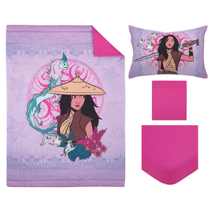 Disney Raya and the Last Dragon Mythic Pop Lavender, Magenta, and Blue with Sisu Dragon and Tuktuk 4 Piece Toddler Bed Set - Comforter, Fitted Bottom Sheet, Flat Top Sheet, and Reversible Pillowcase