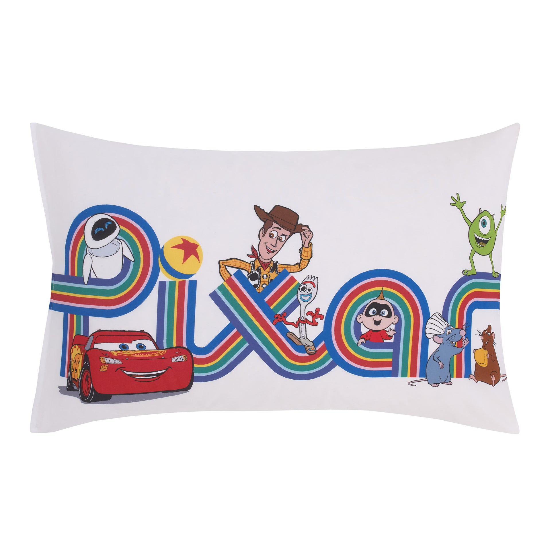 Disney Choose Happy Pixar Friends Multi-Colored 4 Piece Toddler Bed Set - Comforter, Fitted Bottom Sheet, Flat Top Sheet, and Reversible Pillowcase