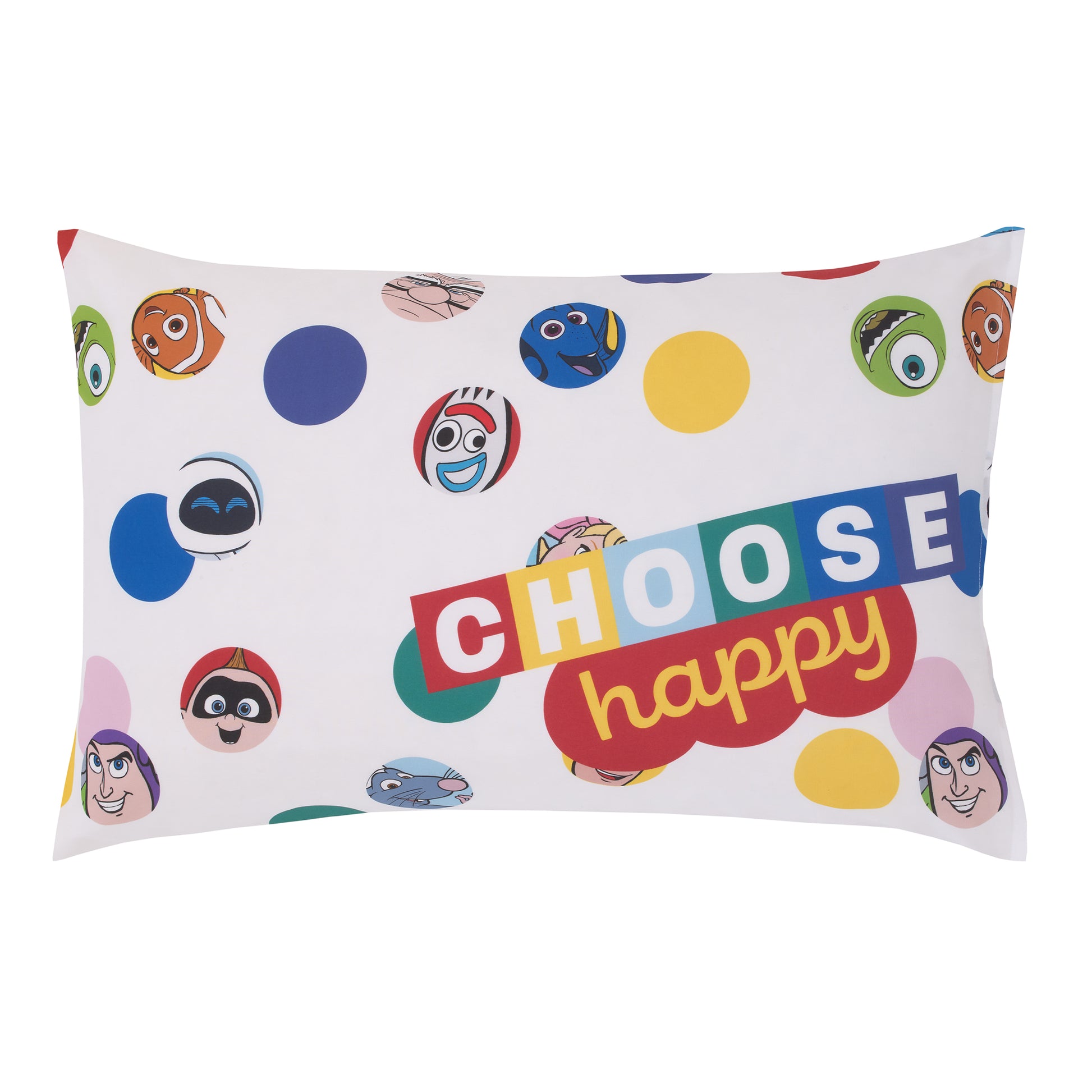 Disney Choose Happy Pixar Friends Multi-Colored 4 Piece Toddler Bed Set - Comforter, Fitted Bottom Sheet, Flat Top Sheet, and Reversible Pillowcase