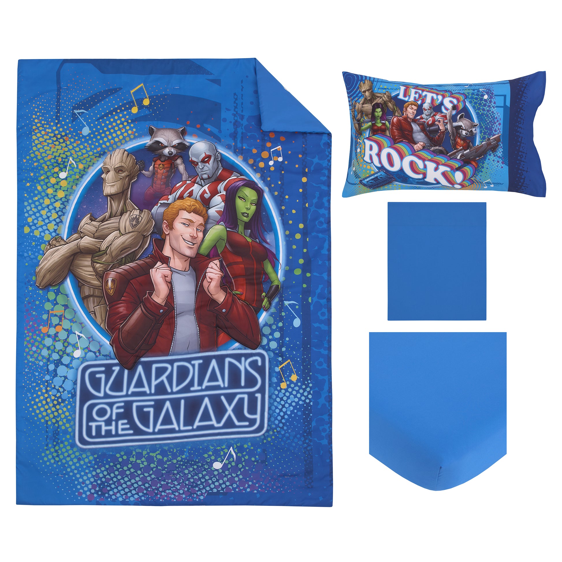 Marvel Guardians of the Galaxy Blue Let's Rock 4 Piece Toddler Bed Set - Comforter, Fitted Bottom Sheet, Flat Top Sheet, and Reversible Pillowcase