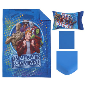 Marvel Guardians of the Galaxy Blue Let's Rock 4 Piece Toddler Bed Set - Comforter, Fitted Bottom Sheet, Flat Top Sheet, and Reversible Pillowcase