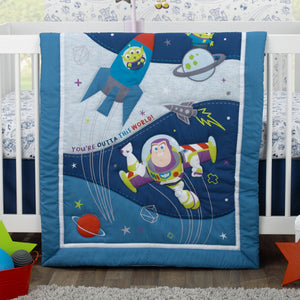 Disney Toy Story Outta This World Blue and Gray Buzz Lightyear 4 Piece Nursery Crib Bedding Set - Comforter, Fitted Crib Sheet, Changing Pad Cover, and Crib Skirt