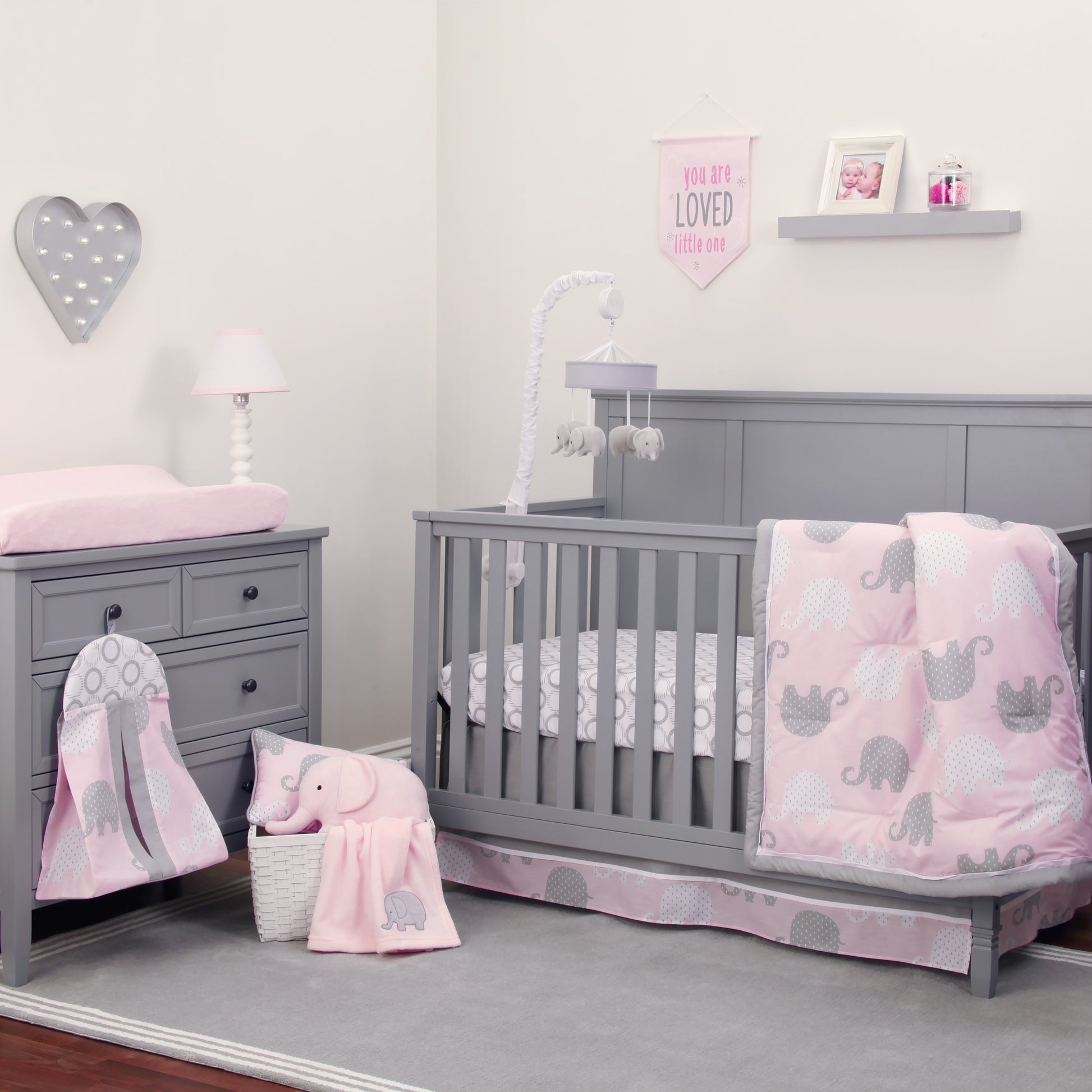 NoJo The Dreamer Pink and Grey Elephant 8 Piece Nursery Crib Bedding Set