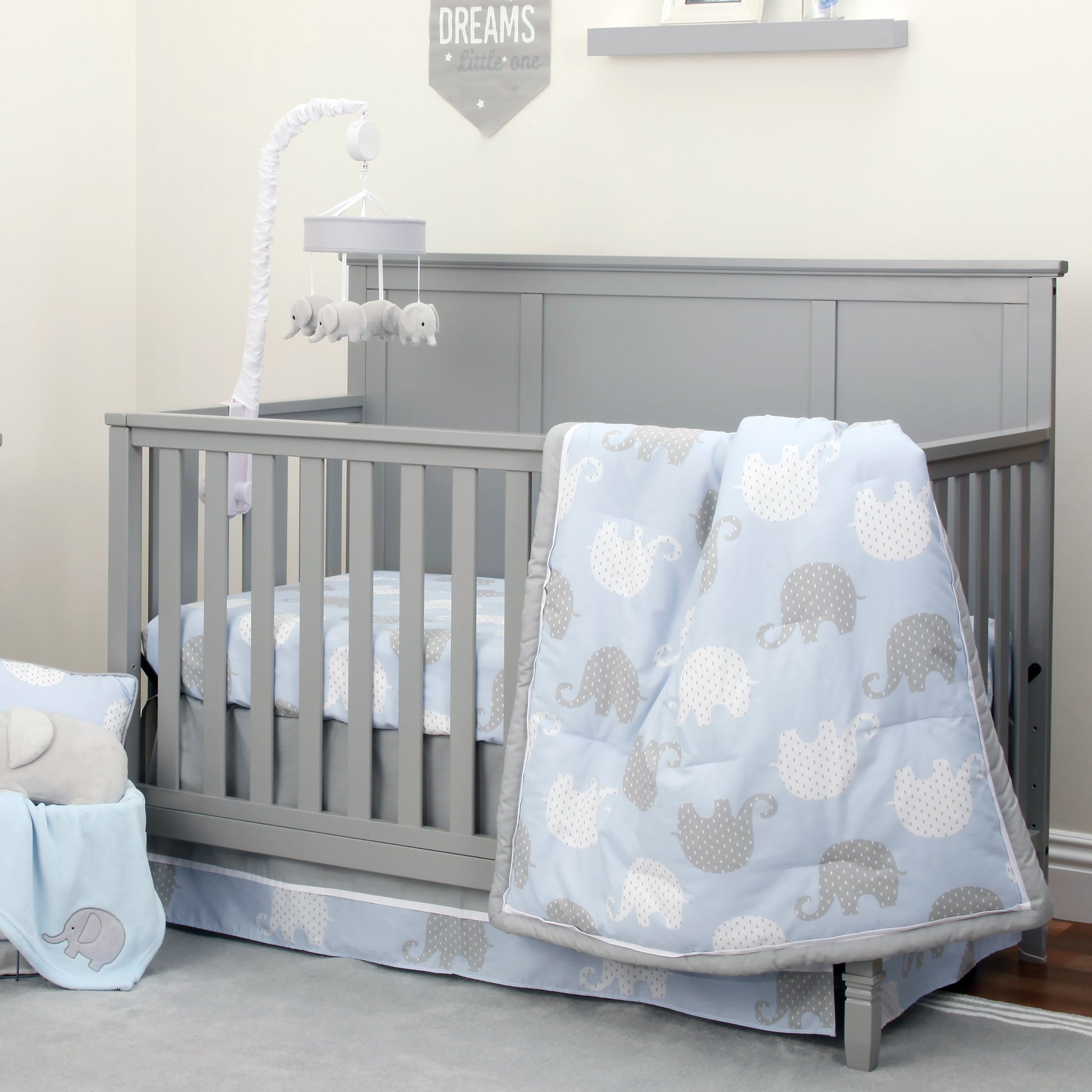 NoJo Dreamer Elephant Blue, Grey 8 Piece Nursery Crib Bedding Set