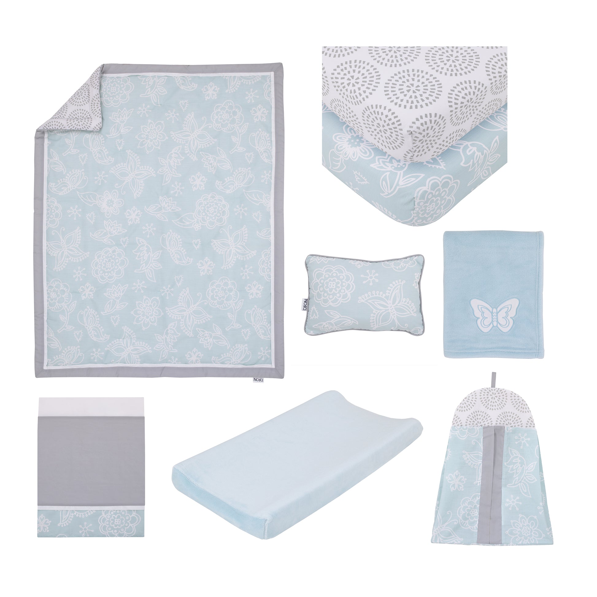 NoJo Dreamer Elephant Blue, Grey 8 Piece Nursery Crib Bedding Set