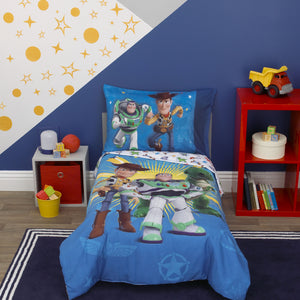 Disney Toy Story 4 - Blue, Green, Yellow Toys in Action 4 Piece Toddler Bed Set - Comforter, Flat Top Sheet, Fitted Bottom Sheet, Reversible Pillowcase