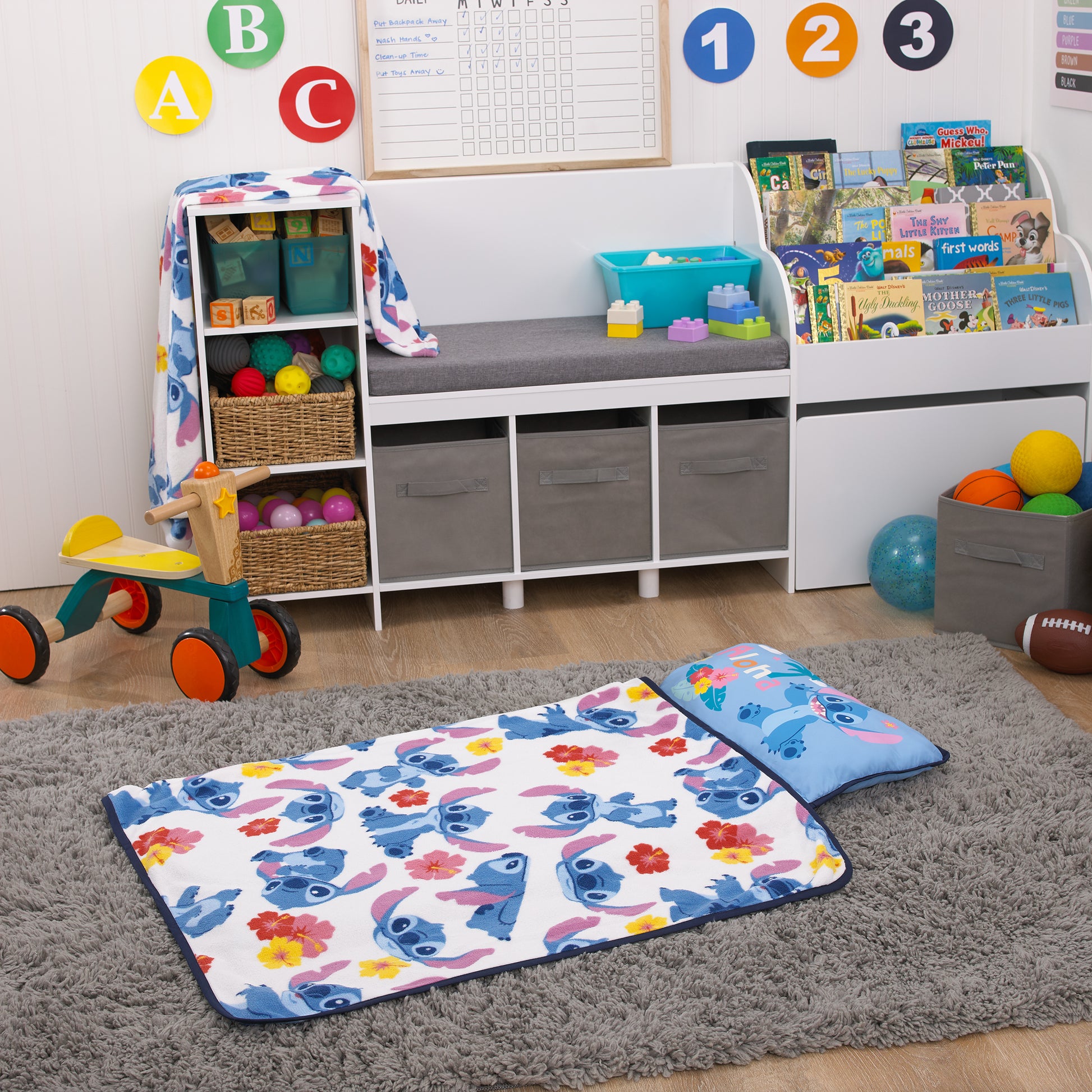 NoJo Disney "S" is for Stitch Toddler Nap Mat, Blue, Pink, Yellow, and White