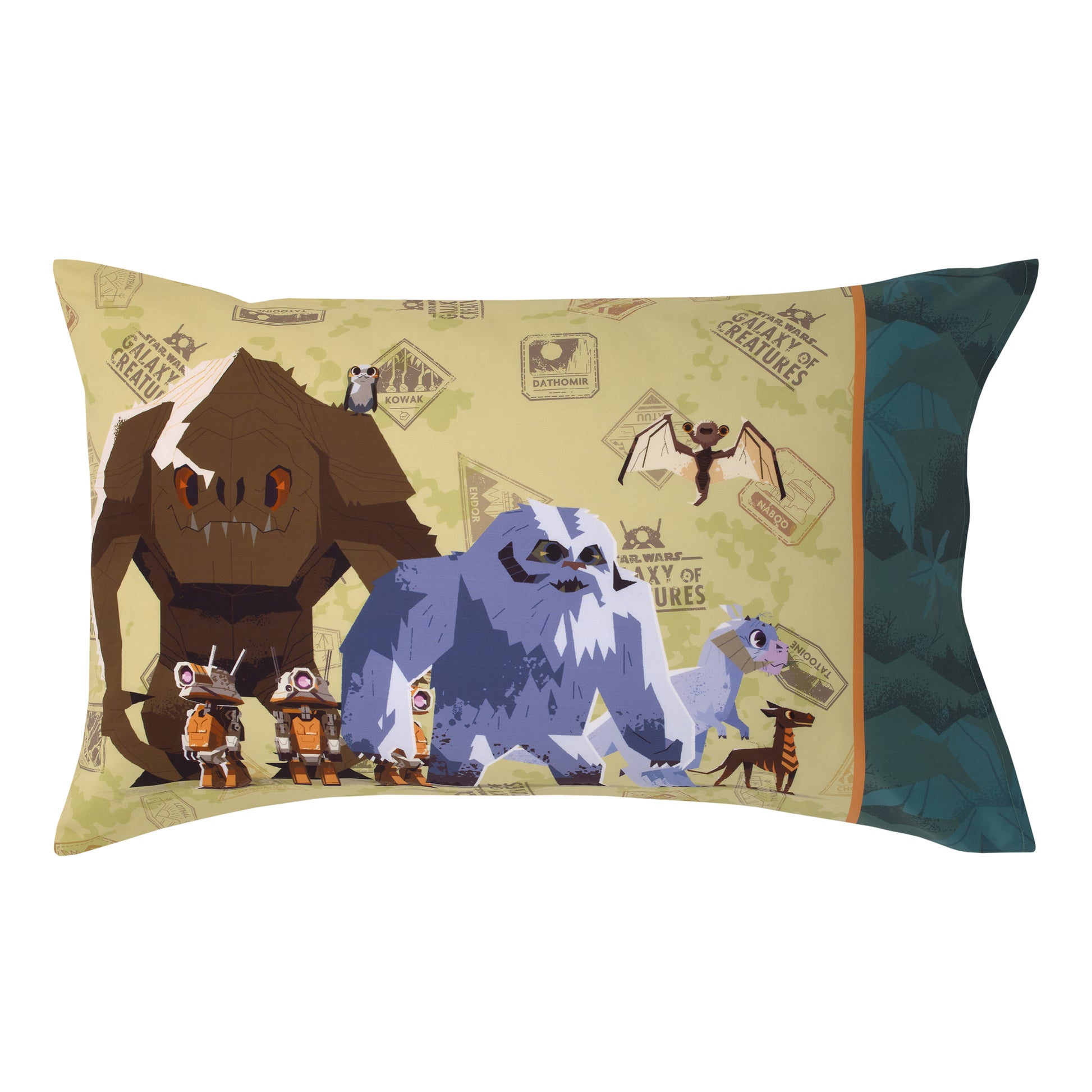 Star Wars Galaxy of Creatures Teal, Brown, and Orange 4 Piece Toddler Bed Set - Comforter, Fitted Bottom Sheet, Flat Top Sheet, and Reversible Pillowcase