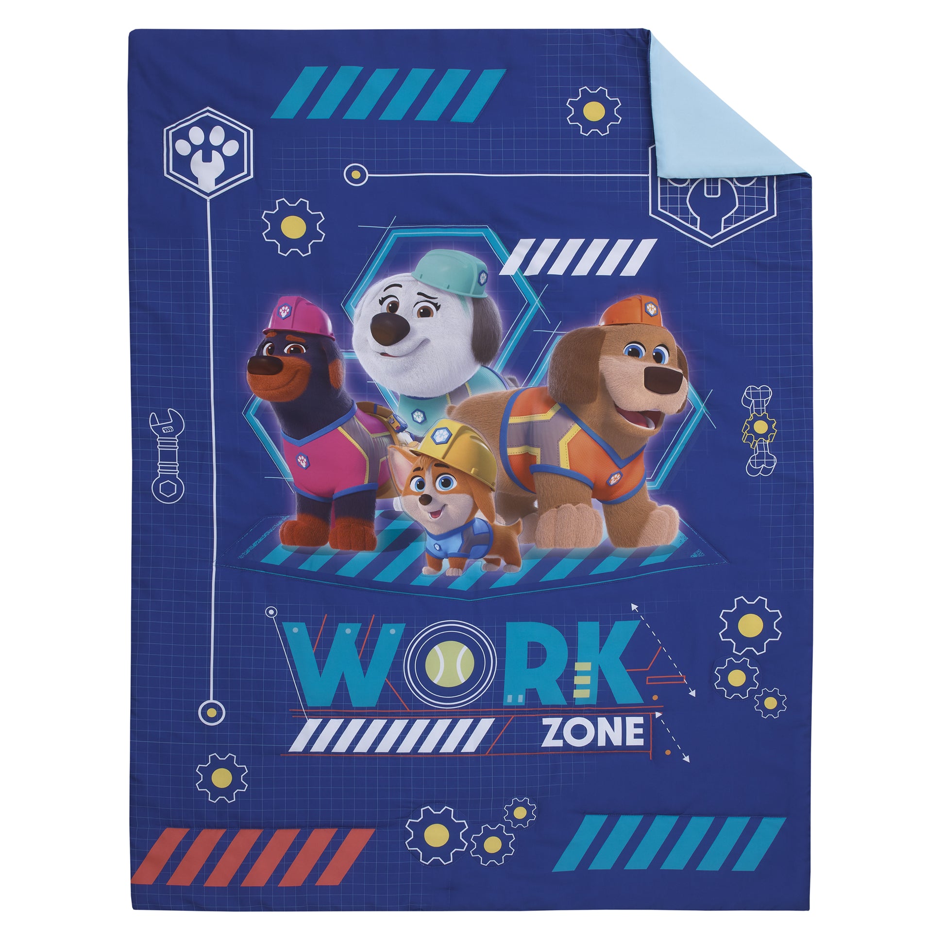NoJo Disney Pupstruction Work Zone Navy, Orange, Aqua, and Yellow 4 Piece Toddler Bed Set - Comforter, Fitted Bottom Sheet, Flat Top Sheet, and Reversible PilloNoJo
