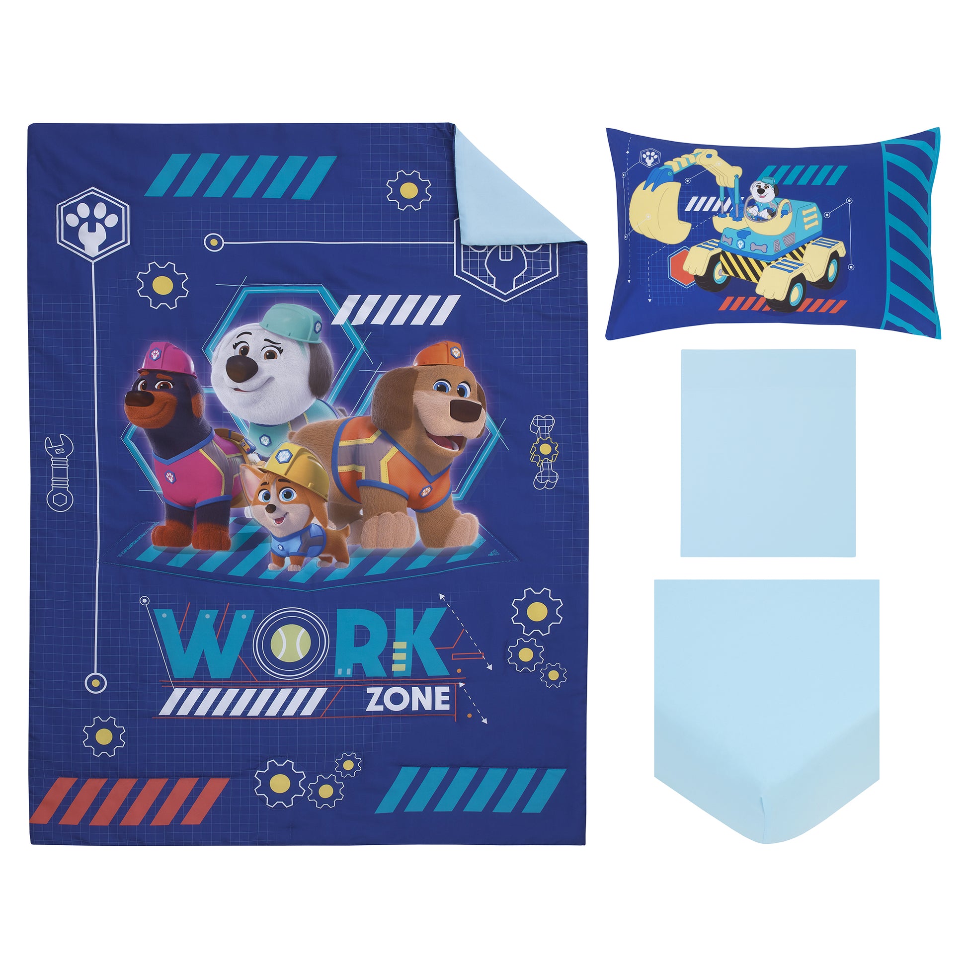 NoJo Disney Pupstruction Work Zone Navy, Orange, Aqua, and Yellow 4 Piece Toddler Bed Set - Comforter, Fitted Bottom Sheet, Flat Top Sheet, and Reversible PilloNoJo