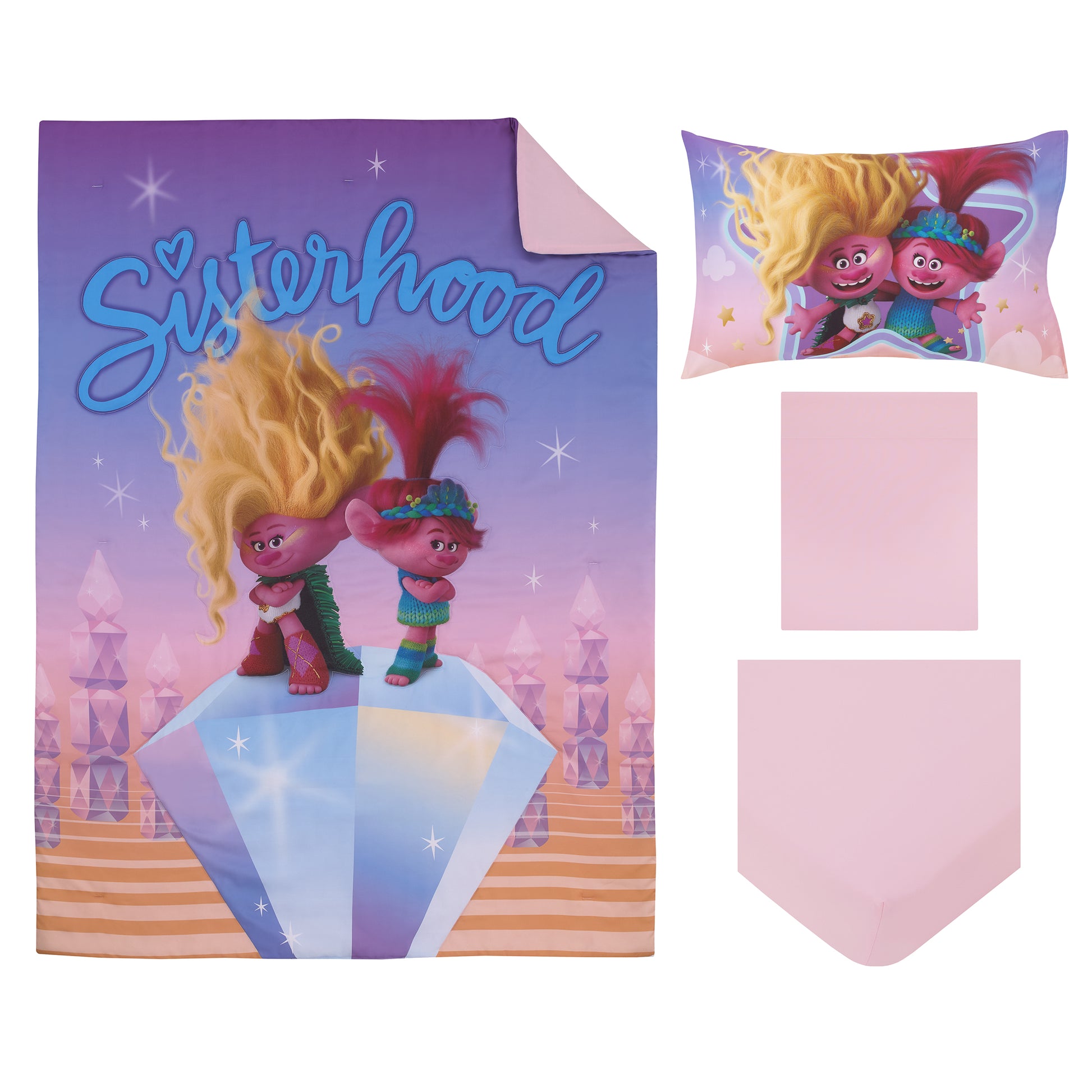 DreamWorks Trolls Glam Together Purple, Pink, and Blue, Poppy and Viva 4 Piece Toddler Bed Set - Comforter, Fitted Bottom Sheet, Flat Top Sheet, and Reversible Pillowcase