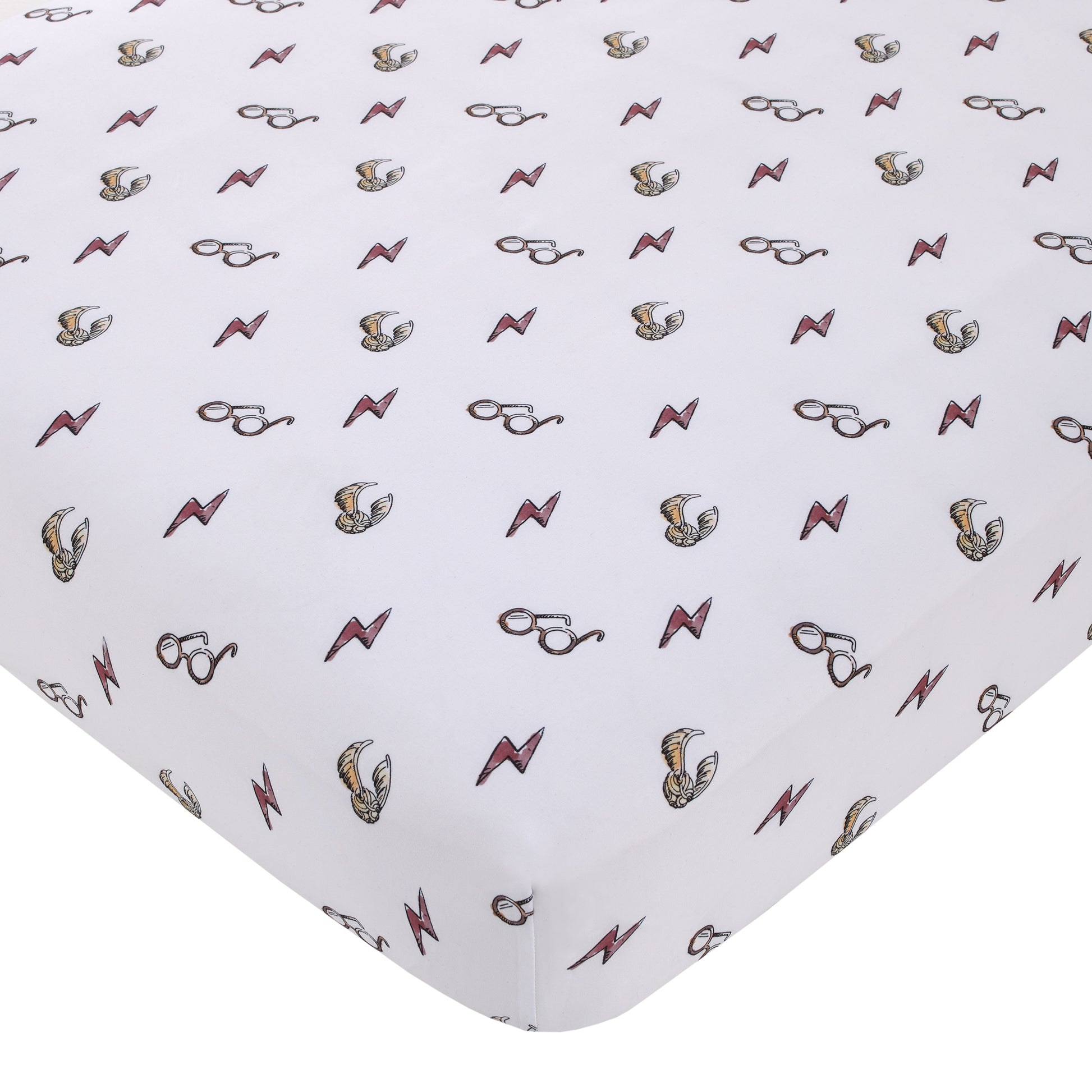 Warner Bros  Harry Potter White, Red, and Gold Lightning Bolt, Golden Snitch, and Glasses Nursery Fitted Crib Sheet