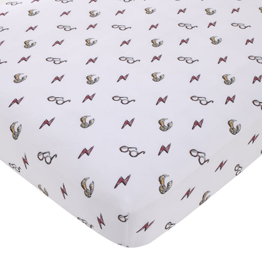 Warner Bros  Harry Potter White, Red, and Gold Lightning Bolt, Golden Snitch, and Glasses Nursery Fitted Crib Sheet