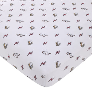 Warner Bros  Harry Potter White, Red, and Gold Lightning Bolt, Golden Snitch, and Glasses Nursery Fitted Crib Sheet
