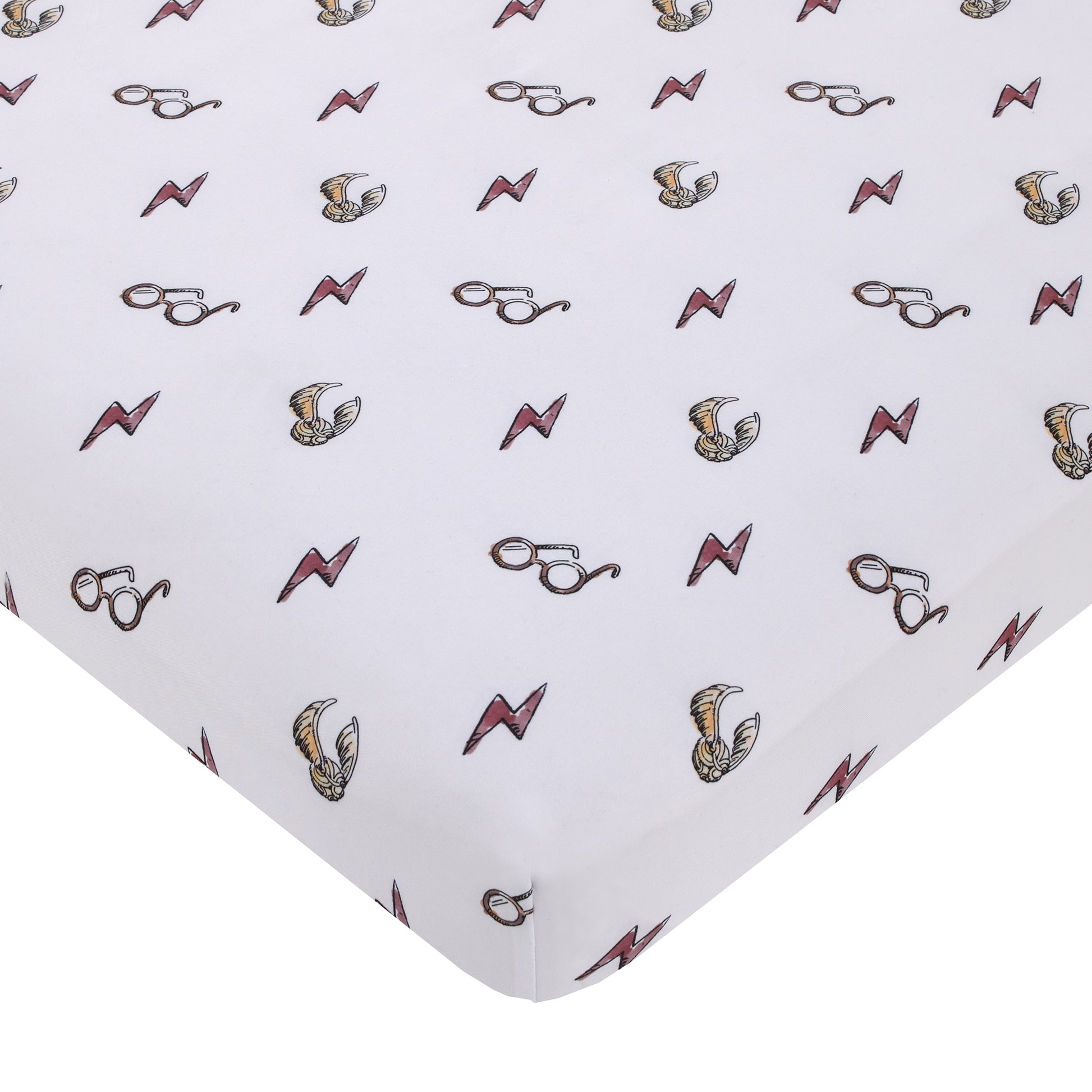 Warner Bros  Harry Potter White, Red, and Gold Lightning Bolt, Golden Snitch and Glasses Nursery Fitted Mini Crib Sheet