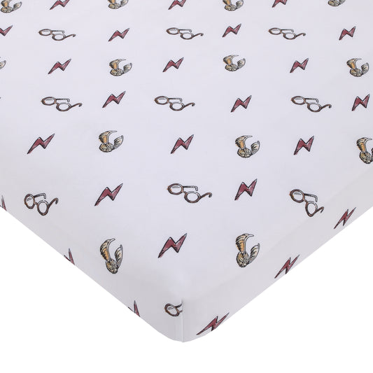 Warner Bros  Harry Potter White, Red, and Gold Lightning Bolt, Golden Snitch and Glasses Nursery Fitted Mini Crib Sheet