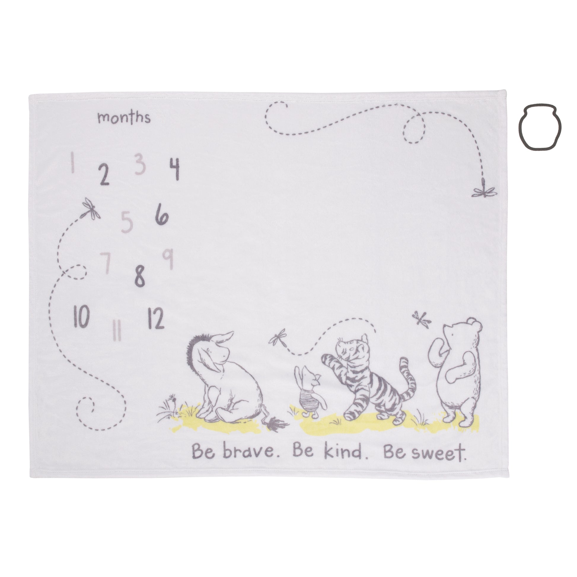 Disney Classic Winnie The Pooh, White, Grey and Lime Super Soft Milestone Baby Blanket