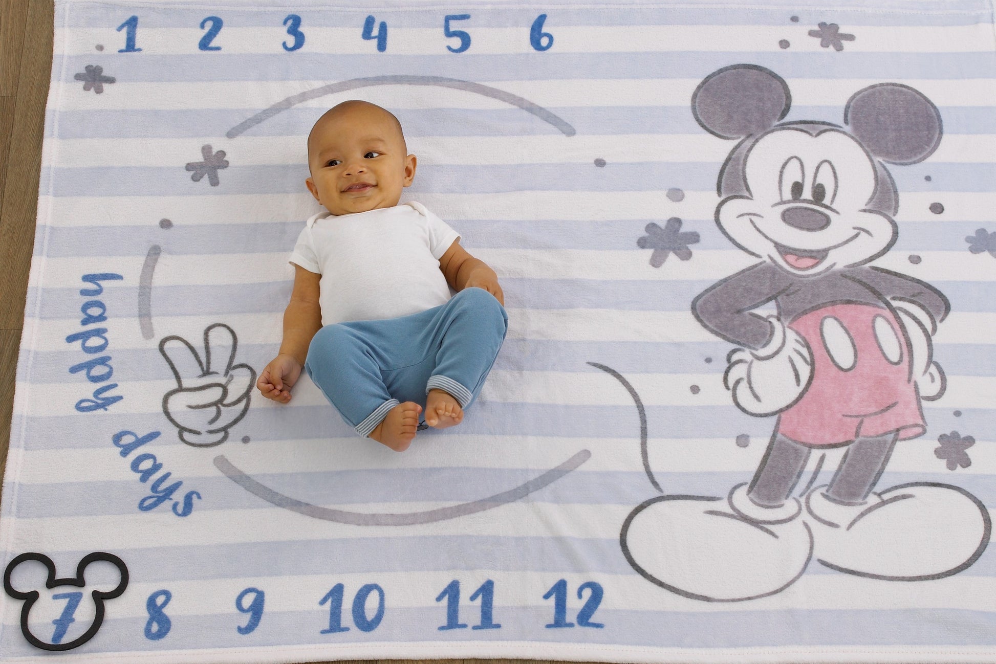 Disney Mickey Mouse Light Blue, Red and White Super Soft Milestone Baby Blanket