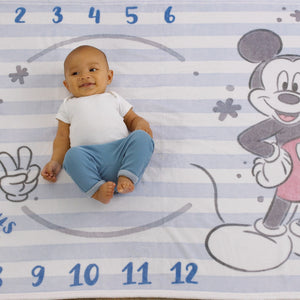 Disney Mickey Mouse Light Blue, Red and White Super Soft Milestone Baby Blanket