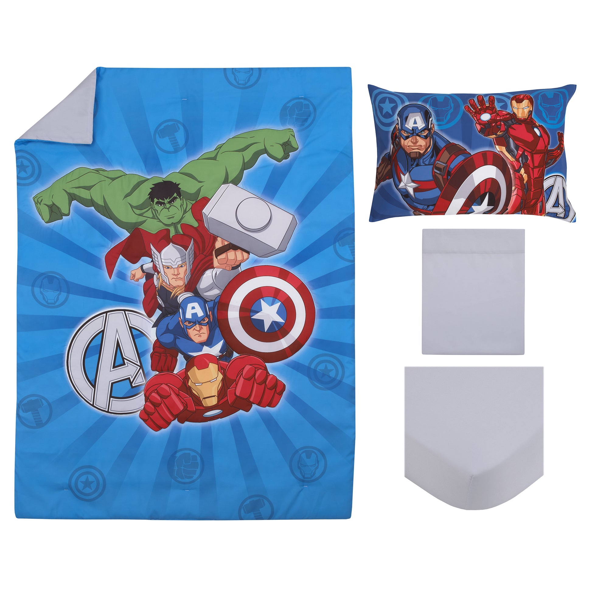 Marvel Avengers Team Blue, Red, and Green Hulk, Captain America, Iron Man, and Thor 4 Piece Toddler Bed Set - Comforter, Fitted Bottom Sheet, Flat Top Sheet, and Reversible Pillowcase