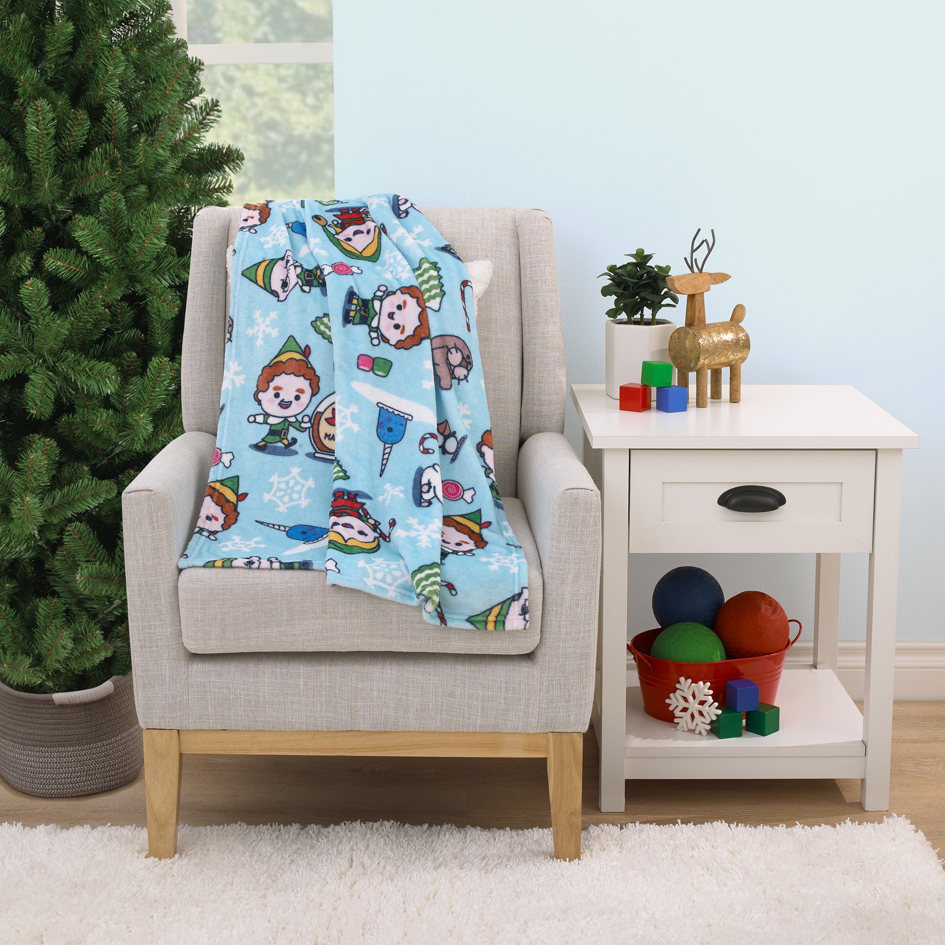 Warner Bros  Elf Light Blue, Green, and White Super Soft Holiday Baby Blanket