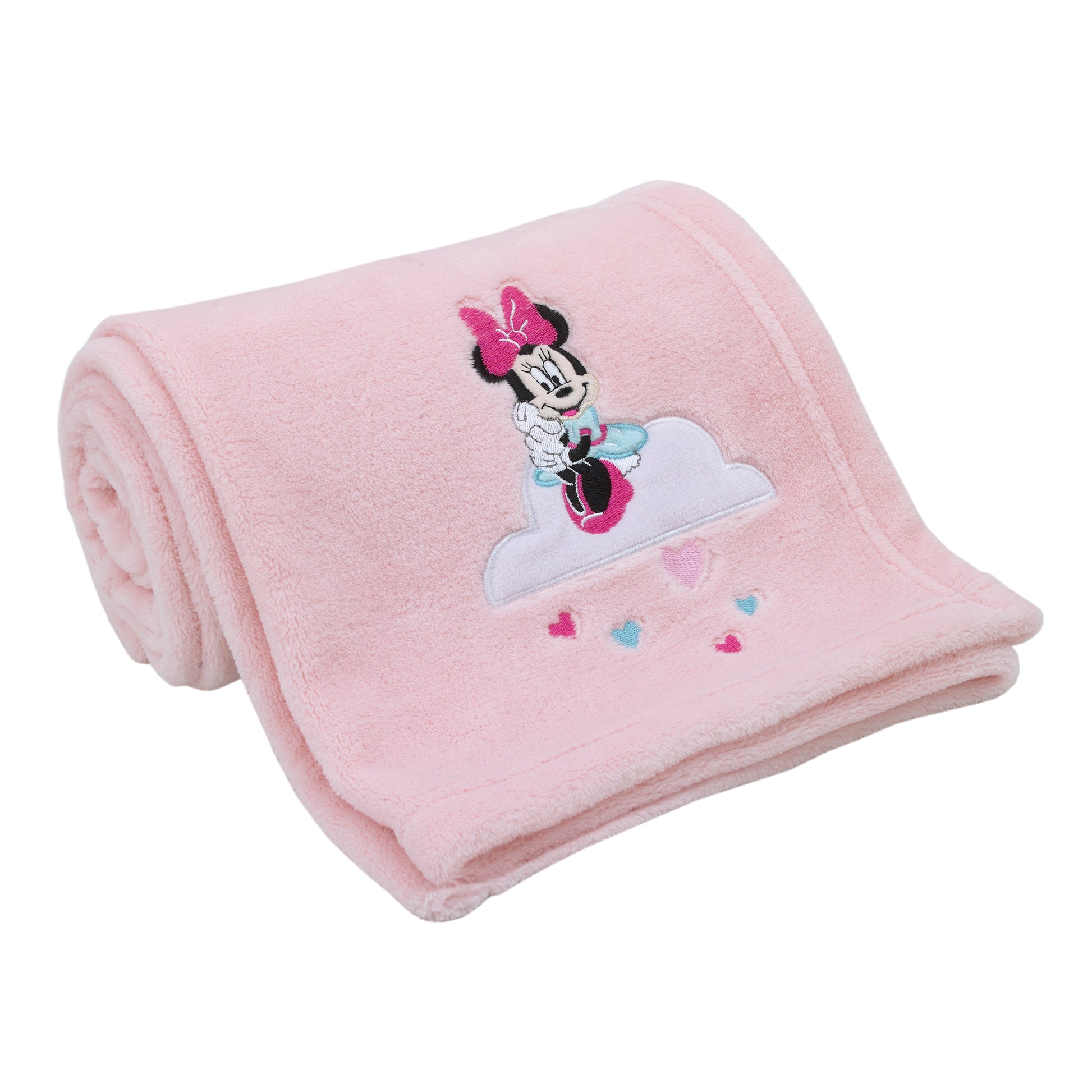 Disney Minnie Mouse Be Happy Pink, Aqua and White Super Soft Baby Blanket with Cloud Applique