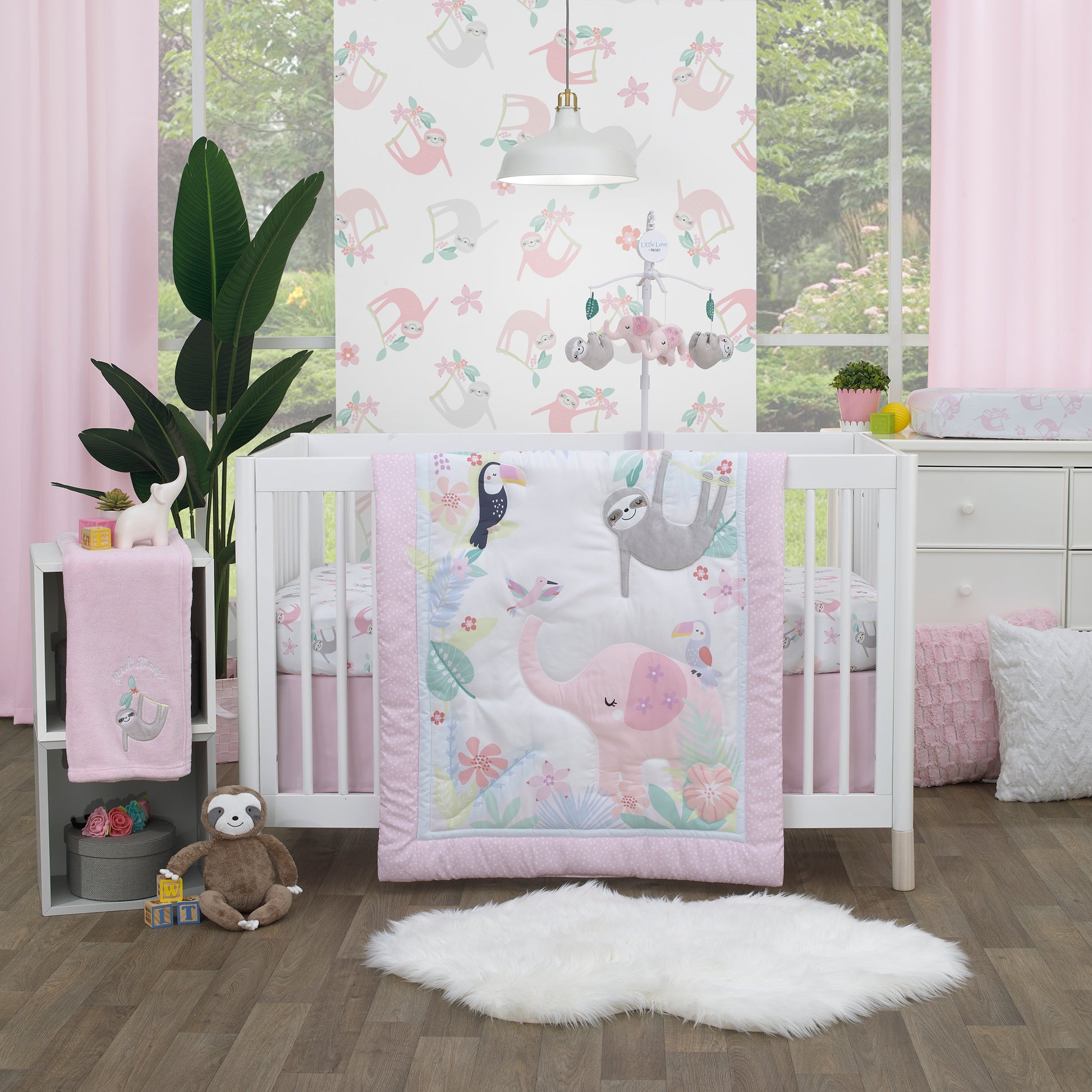 Little Love by NoJo Tropical Garden Pink, Grey, and White Sloth Super Soft Fitted Crib Sheet