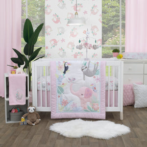Little Love by NoJo Tropical Garden Pink, Grey, and White Sloth Super Soft Fitted Crib Sheet